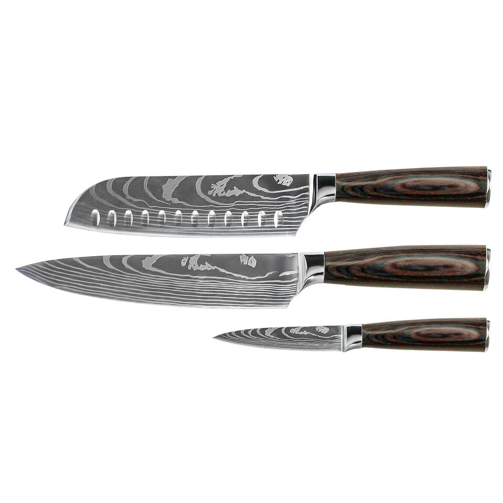 SADA 3 DAMAŠKOVÝCH NOŽŮ – KUCHAŘSKÝ NŮŽ + SANTOKU + LOUPACÍ NŮŽ
