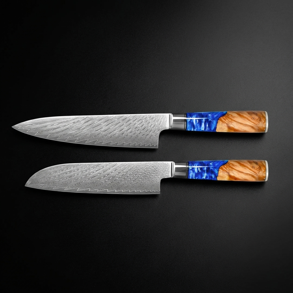 SADA 2 DAMAŠKOVÝCH NOŽŮ – KUCHAŘSKÝ NŮŽ + SANTOKU (KOLEKCE NEPTUN)