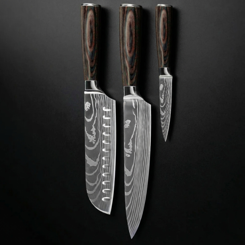 SADA 3 DAMAŠKOVÝCH NOŽŮ – KUCHAŘSKÝ NŮŽ + SANTOKU + LOUPACÍ NŮŽ